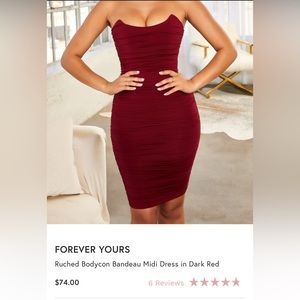 Ruched bodycon bandeau midi dress in dark red from ohpolly